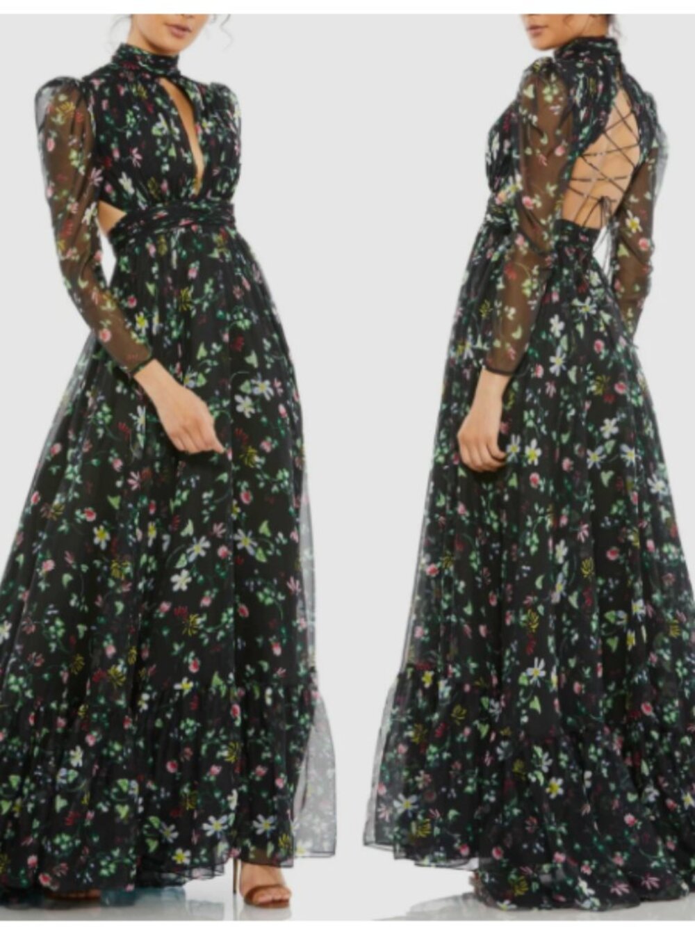 MAC DUGGAL 67942 BLACK FLORAL CHIFFON LONG SLEEVE LACE UP BACK GOWN sz 0